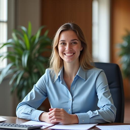 A friendly tax consultant smiling at their desk, ready to help.