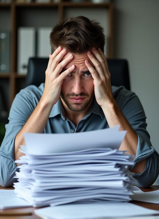 A person looking confused while reviewing a stack of paperwork at a desk.
